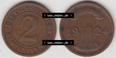 Münzen Deutschland 1918-1932 Weimarer Republik 1923-1924, 2 Rentenpfennig E, 1924 (3) Sammlung