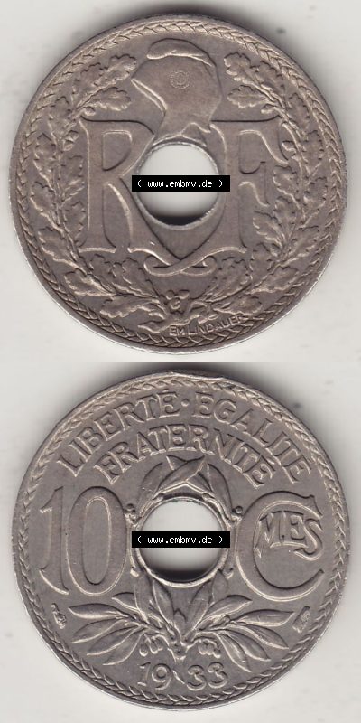 Alte Münzen Frankreich, Kursmünzensatz Zeitraum 1917-1952, der Münze 1917-1938, 10 Cmes, Centimes 1933 (Stück 1). Rückseite... Sammlung