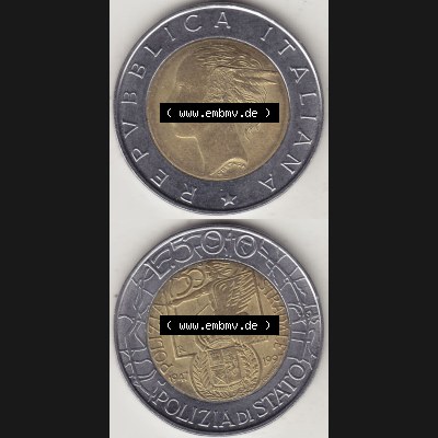 Münzen Italien / Italia Eurovorläufer, Gedenkmünze vor Euroeinführung 1997-1997, 500 Lire, 50 Jahre Staatspolizei (1947-1997), POLIZIA DI STATO... Sammlung