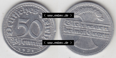 Münzen Deutschland 1918-1932 Weimarer Republik 1919-1922, 50 Pfennig F, 1921 (3) Sammlung
