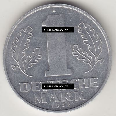 Münzen Deutschland DDR 1956-1963, A 1 Deutsche Mark 1962-1. Rückseite einer 1 Mark Münze / Umlaufmünze aus Deutschland der ehemaligen DDR in Europa als Digitales Bild... Sammlung