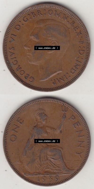 Münzen Großbritannien Eurovorläufer, Umlaufmünze vor Euroeinführung 1937-1948. 1 One Penny 1939 (Stück 1), George VI, GEORGIVS... Sammlung