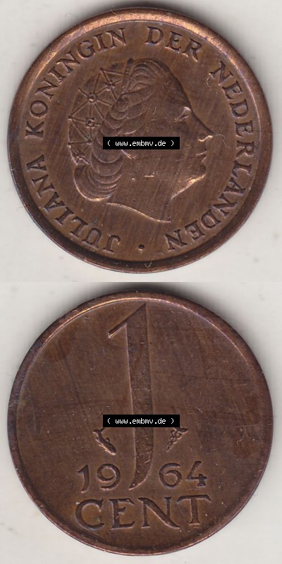 Münzen Niederlande / Netherlands Eurovorläufer, Umlaufmünze vor Euroeinführung 1950-1980, 1 Cent 1964 Königin Juliana, alte... Sammlung