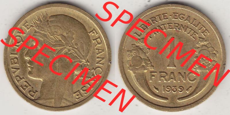 Alte Münzen Frankreich, Kursmünzensatz Zeitraum 1917-1952, der Münze 1931-1941, 1 Franken, Franc, 1939. Rückseite und Vorderseite horizontal nebeneinander... Sammlung