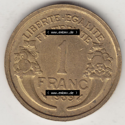 Münzen Frankreich Eurovorläufer, Umlaufmünze vor Euroeinführung 1931-1941, 1 Franken, 1 Franc, 1939 (Stück 1) LIBERTE EGALITE... Sammlung