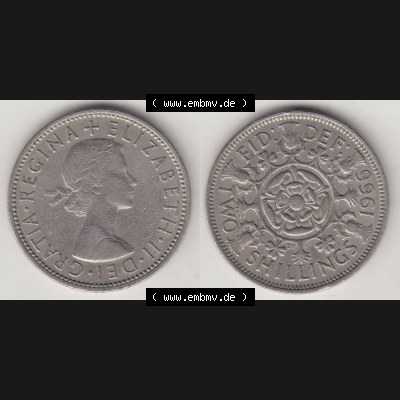 Münzen Großbritannien Eurovorläufer, Umlaufmünze vor Euroeinführung 1954-1970, 2 Schilling - Shillings 1966-3. Vorderseite und Rückseite horizontal nebeneinander... Sammlung