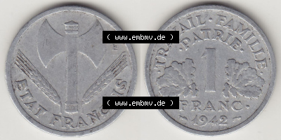 Münzen Frankreich Eurovorläufer, Umlaufmünze vor Euroeinführung 1942-1944, 1 Franken - Francs 1942. Vorderseite und Rückseite... Sammlung