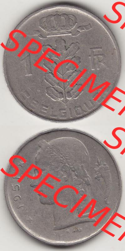Münzen Belgien Eurovorläufer, Umlaufmünze vor Euroeinführung 1950-1988, 1 FR-Franken 1951 Belgique. Vorderseite und Rückseite Vertikal Untereinander, passend... Sammlung