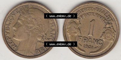 Münzen Frankreich Eurovorläufer, Umlaufmünze vor Euroeinführung 1931-1941, 1 Franken, 1 Franc, 1931 (Stück 1) LIBERTE EGALITE... Sammlung