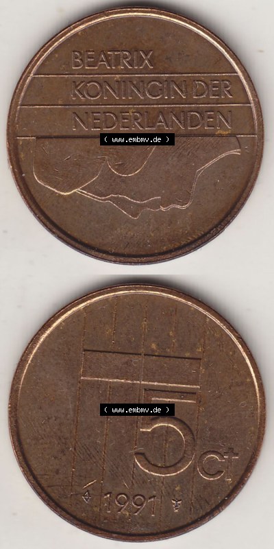 Münzen Niederlande / Netherlands Eurovorläufer, Umlaufmünze vor Euroeinführung 1982-2001, 5 Ct Cent 1991 (Stück 3) Königin... Sammlung