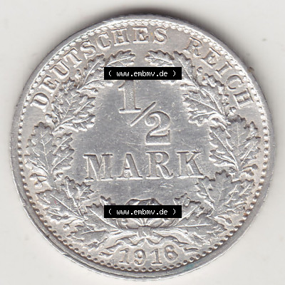 Münzen Deutschland 1871-1918 Kaiserreich Silbermünze 1905-1919, 1/2 Mark G 1916. Rückseite einer Münze aus dem Deutschen Kaiserreich... Sammlung