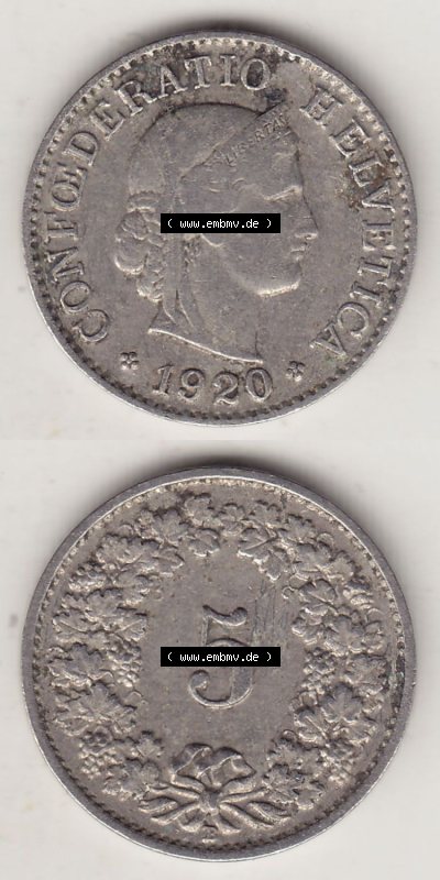 Münzen Schweiz Eurovorläufer, Umlaufmünze 1879-1980, 5 Rappen 1920 Helvetica (4) Sammlung