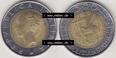 Münzen Italien / Italia Eurovorläufer, Gedenkmünze vor Euroeinführung 1997-1997, 500 Lire, 50 Jahre Staatspolizei (1947-1997),... Sammlung