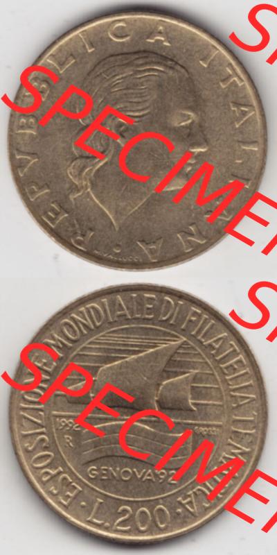 Münzen Italien / Italia Eurovorläufer, Gedenkmünze vor Euroeinführung 1992-1992, 200 Lire Briefmarkenausstellung in Genua. Rückseite und Vorderseite vertikal... Sammlung