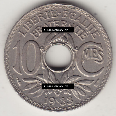 Alte Münzen Frankreich, Kursmünzensatz Zeitraum 1917-1952, der Münze 1917-1938, 10 Cmes, Centimes 1933 (Stück 1). Rückseite... Sammlung