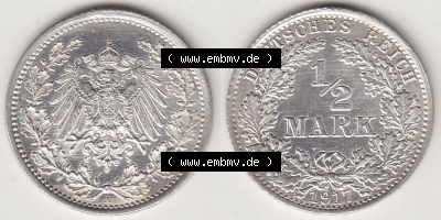 Münzen Deutschland 1871-1918 Kaiserreich Silbermünze 1905-1919, 1/2 Mark A 1917. Vorderseite und Rückseite Nebeneinander einer... Sammlung