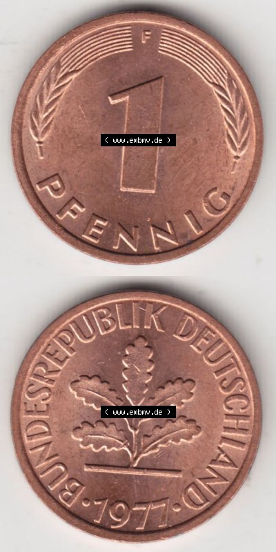 Münzen Deutschland 1 Pfennig-Deutsche Mark 1950-2001, 1 Pfennig 1977 F. Bildmaterial mit Rückseite und Vorderseite in vertikaler... Sammlung
