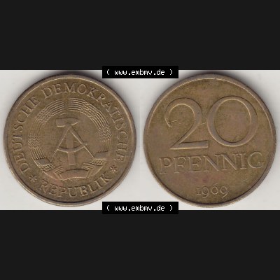 Münzen Deutschland DDR 1969-1990, 20 Pfennig 1969-3, DDR-Telefonmünze. Vorderseite und Rückseite Nebeneinander einer 20 Pfennig Münze / Umlaufmünze in der... Sammlung