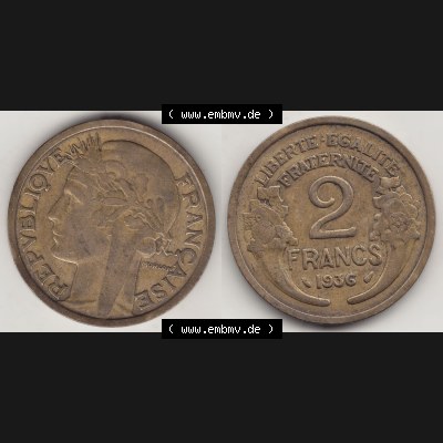 Münzen Frankreich Eurovorläufer, Umlaufmünze vor Euroeinführung 1931-1941, 2 Franken 1936-1 LIBERTE EGALITE FRATERNITE. Rückseite und Vorderseite horizontal... Sammlung
