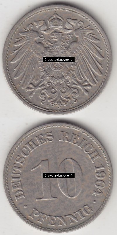 Münzen Deutschland 1871-1918 Kaiserreich 1890-1916, 10 Pfennig D, 1904 (4) Sammlung