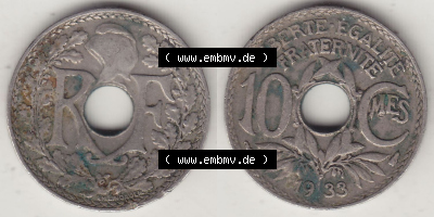 Münzen Frankreich Eurovorläufer, Umlaufmünze vor Euroeinführung 1917-1938, 10 Centimes, 10 CMES EGALITÉ FRATERNITÉ LIBERTÉ... Sammlung