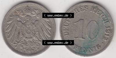 Münzen Deutschland 1871-1918 Kaiserreich 1890-1916, 10 Pfennig A, 1912 (3) Sammlung