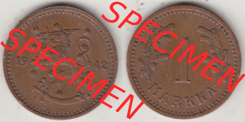 Alte Münzen Finnland, inoffizieller privater Kursmünzensatz / KMS - Zusammenstellung, mit Münze 1940-1951, 1 finnische Mark, Markka, Kupfer 1942-1.... Sammlung