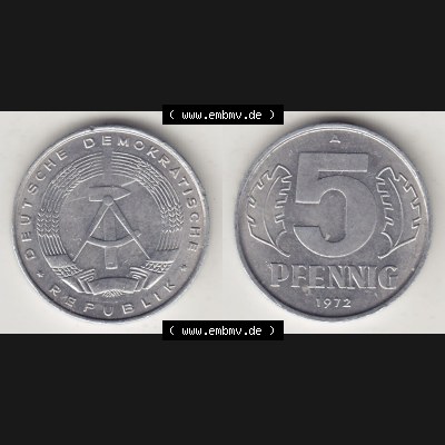 Münzen Deutschland DDR 1968-1990, A 5 Pfennig 1972-1. Vorderseite und Rückseite einer Münze auf einen Bild, einer 5 Pfennig Münze der ehemaligen DDR in Europa als... Sammlung