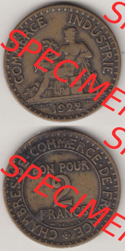 Münzen Frankreich Eurovorläufer, Umlaufmünze vor Euroeinführung 1920-1927, 2 Francs - Franken 1922-2. Vorderseite und Rückseite Vertikal Untereinander einer... Sammlung