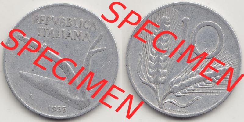 Münzen Italien / Italia Eurovorläufer, Umlaufmünze vor Euroeinführung 1951-2001, 10 Lire 1955-1. Vorderseite und Rückseite Nebeneinander einer Münze... Sammlung
