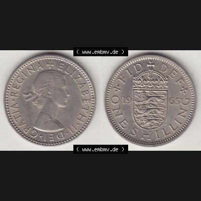 Münzen Großbritannien Eurovorläufer, Umlaufmünze vor Euroeinführung 1954-1970, 1 Schilling - Shilling, 1965-1 Wappen mit 3 Löwen. Vorderseite und... Sammlung