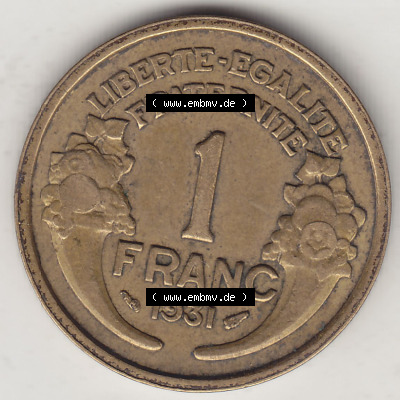 Münzen Frankreich Eurovorläufer, Umlaufmünze vor Euroeinführung 1931-1941, 1 Franken, 1 Franc, 1931 (Stück 1) LIBERTE EGALITE... Sammlung