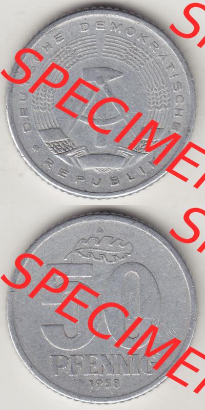 Münzen Deutschland DDR 1958-1990, A 50 Pfennig 1958-2 der DDR-Mark. Vorderseite und Rückseite Vertikal Untereinander, passend für Mobile-Geräte, einer 50 Pfennig... Sammlung