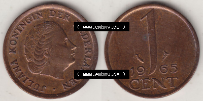 Münzen Niederlande / Netherlands Eurovorläufer, Umlaufmünze vor Euroeinführung 1950-1980, 1 Cent 1965 Königin Juliana, alte... Sammlung