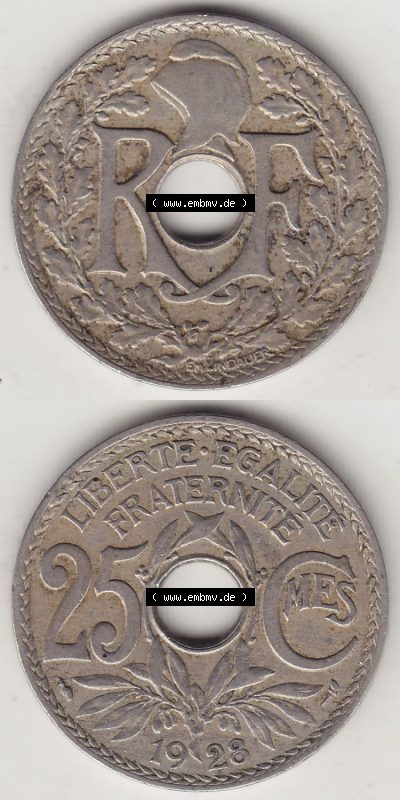 Münzen Frankreich Eurovorläufer, Umlaufmünze vor Euroeinführung 1917-1937, 25 Cmes, Centimes 1928 (Stück 1) LIBERTE EGALITE... Sammlung
