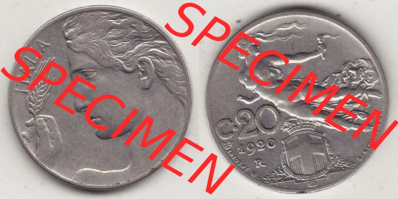 Münzen Italien / Italia Eurovorläufer, Umlaufmünze vor Euroeinführung 1908-1935, 20 C. Centesimi, Cent, 1920-1. Rückseite und Vorderseite... Sammlung