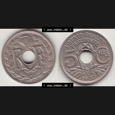 Alte Münzen Frankreich, Kursmünzensatz Zeitraum 1917-1952, der Münze 1920-1938, 5 Cmes, Centimes 1937-1. Rückseite und Vorderseite horizontal nebeneinander... Sammlung