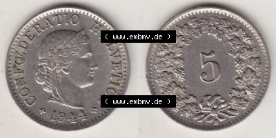 Münzen Schweiz Eurovorläufer, Umlaufmünze 1879-1980, 5 Rappen 1944 (Stück 2) Helvetica (3) Sammlung