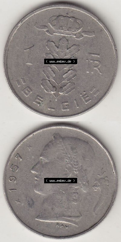 Münzen Belgien Eurovorläufer, Umlaufmünze vor Euroeinführung 1950-1988, 1 FR-Franken 1957 België. Vorderseite und Rückseite... Sammlung