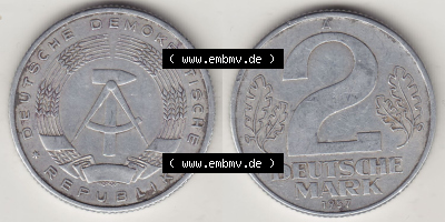 Münzen Deutschland DDR 1957-1957, A 2 Deutsche Mark 1957 (Stück 2). Vorderseite und Rückseite Nebeneinander einer 2 Mark Münze... Sammlung