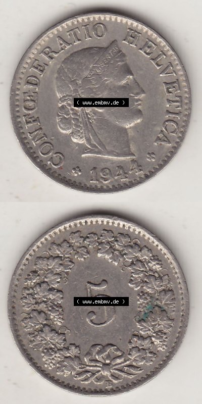 Münzen Schweiz Eurovorläufer, Umlaufmünze 1879-1980, 5 Rappen 1944 Helvetica (4) Sammlung