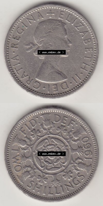 Münzen Großbritannien Eurovorläufer, Umlaufmünze vor Euroeinführung 1954-1970, 2 Schilling - Shillings 1960 (Stück 1). Vorderseite... Sammlung