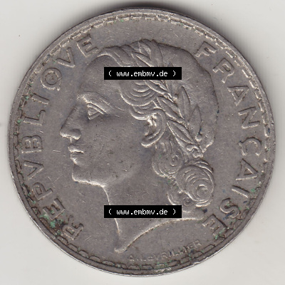 Münzen Frankreich Eurovorläufer, Umlaufmünze vor Euroeinführung 1933-1938, 5 Franken - Francs RF 1933. Vorderseite einer Münze... Sammlung
