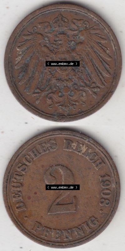 Münzen Deutschland 1871-1918 Kaiserreich 1904-1916, 2 Pfennig A, 1908 I. (4) Sammlung