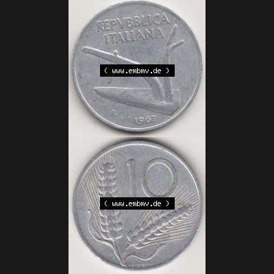 Münzen Italien / Italia Eurovorläufer, Umlaufmünze vor Euroeinführung 1951-2001, 10 Lire 1967. Vorderseite und Rückseite Vertikal Untereinander, passend... Sammlung