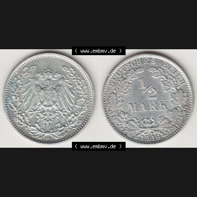 Münzen Deutschland 1871-1918 Kaiserreich Silbermünze 1905-1919, 1/2 Mark D 1916. Vorderseite und Rückseite Nebeneinander einer Münze aus Europa dem Deutschen Kaiserreich... Sammlung