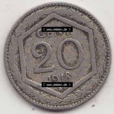 Münzen Italien / Italia Eurovorläufer, Umlaufmünze vor Euroeinführung 1919-1920, 20 Centesimi, Cent, REGNO DITALIA 1918-1. Rückseite einer Münze... Sammlung