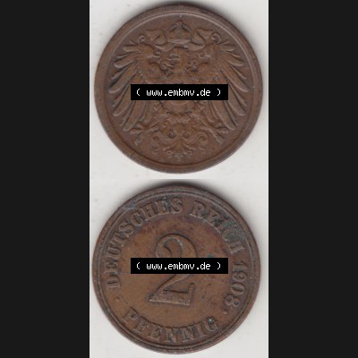 Münzen Deutschland 1871-1918 Kaiserreich 1904-1916, 2 Pfennig A, 1908 II (4) Sammlung