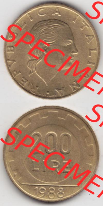Münzen Italien / Italia Eurovorläufer, Gedenkmünze vor Euroeinführung 1977-2001, 200 Lire, Zahnrad 1988-1. Rückseite und Vorderseite vertikal untereinander... Sammlung