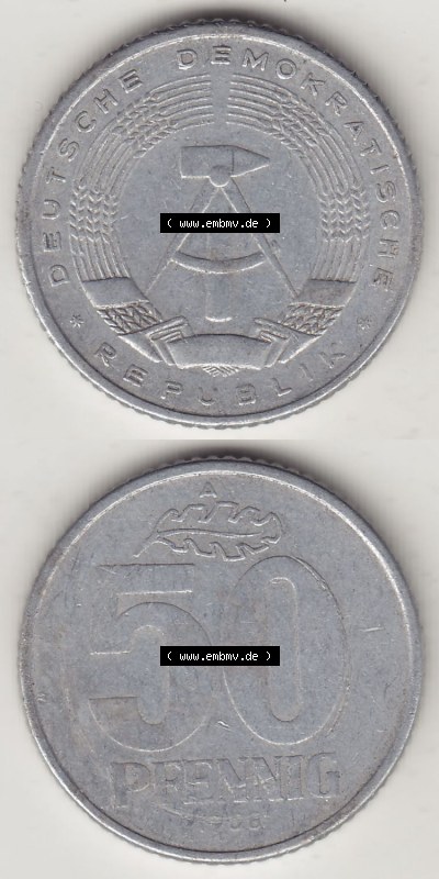 Münzen Deutschland DDR 1958-1990, A 50 Pfennig 1958 (Stück 4) der DDR-Mark. Vorderseite und Rückseite Vertikal Untereinander,... Sammlung